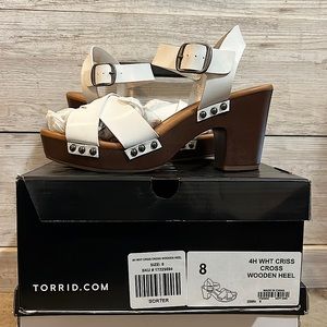 Torrid White Criss Cross Wooden Heel size 8 WW